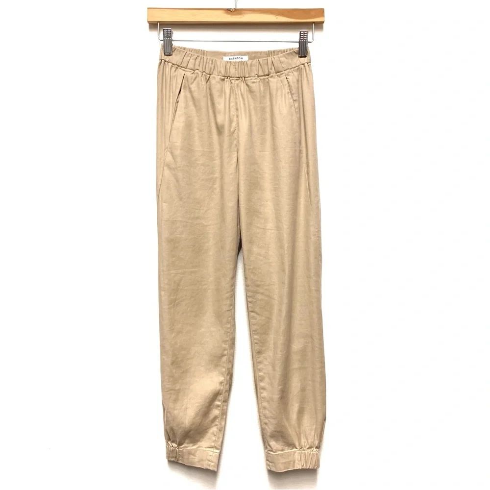 Aritzia Babaton Linen Blend Dexter Jogger Pants‎ XXS Cropped Ankle Pull On Beige